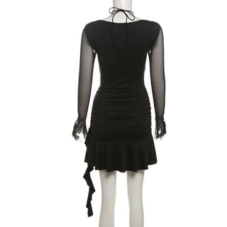 Long sleeve halter mesh ruched ruffle mini dress