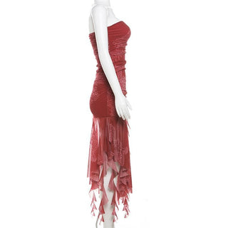 Ruched mesh loong print ruffle tube midi dress