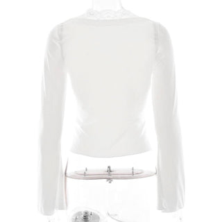 Long sleeve deep V neck lace hem hollow out cut out top