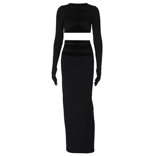 Long sleeve crewneck gloves hollow out solid maxi skirt set-final-sale