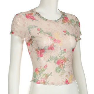 Short sleeve flower print ruffle sheer mesh top