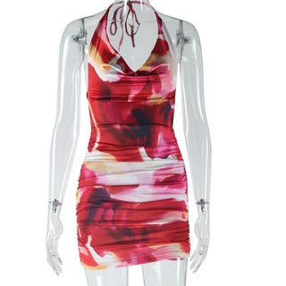 Halter tie dye cowl neck ruched mini dress