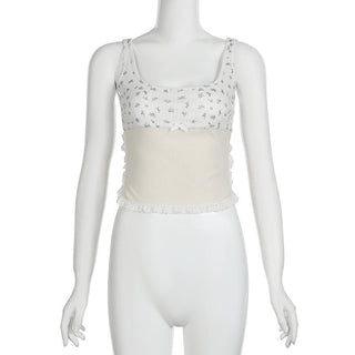 Flower print lace hem contrast sleeveless square neck top