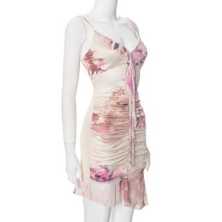 Ruffle v neck print ruched backless cami mini dress