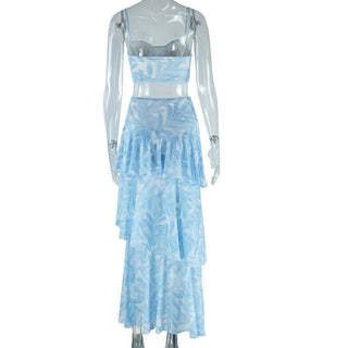 Sweetheart neck ruffle mesh cami maxi skirt set