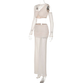 Long sleeve mesh patchwork ruched maxi skirt set