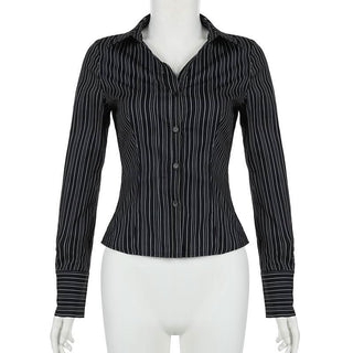 Turnover collar long sleeve striped button top