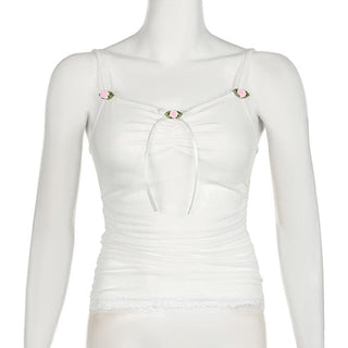 Flower applique ribbon ruched lace hem cami top