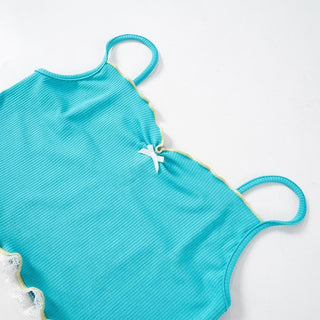 Lace hem ruffle bowknot ribbed cami crop top