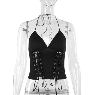 Halter self tie v neck lace up backless solid top