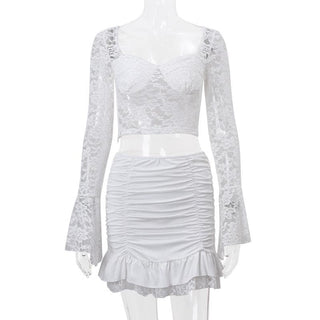 Long flared sleeve sweetheart neck lace ruched ruffle mini skirt set