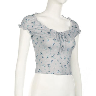 Short sleeve knotted ruffle ribbed print top