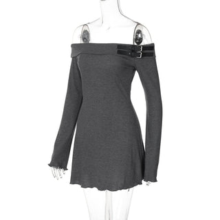 Off shoulder long sleeve buckle mini dress
