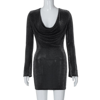 Long sleeve cowl neck ruched glitter solid mini dress