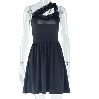 One shoulder ruffle hollow out ruched cami cut out mini dress
