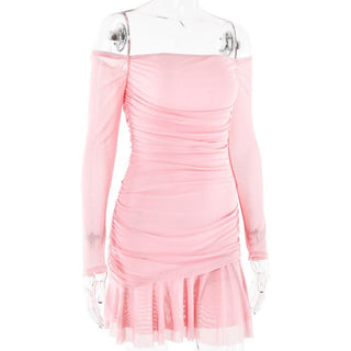 Long sleeve off shoulder ruched mesh mini dress