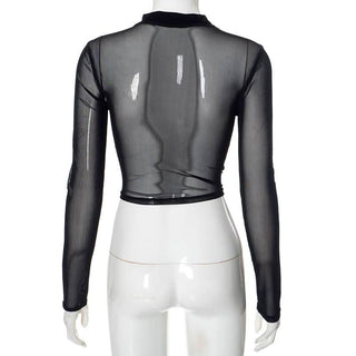 High neck mesh velvet patchwork long sleeve crop top