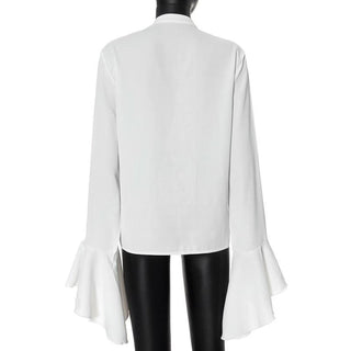 Long flared sleeve ruched ruffle button solid top