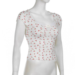 Cap sleeve textured cherry print bowknot lace hem top