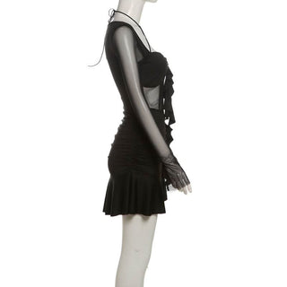 Long sleeve halter mesh ruched ruffle mini dress