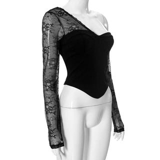 One shoulder sweetheart neck long sleeve lace top