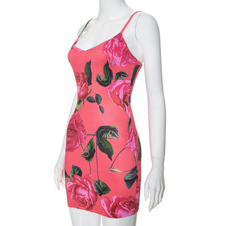 Rose print v neck backless cami mini dress