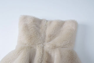 Turnover collar long sleeve fluffy zip-up top