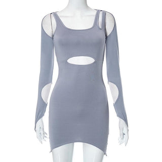 Hollow out irregular solid gloves backless cut out mini dress