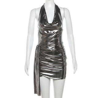 Halter ruched cowl neck metallic button mini dress