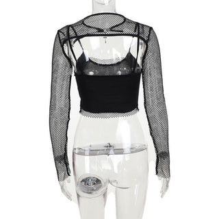 Long sleeve fishnet shrug cross applique 2 piece top