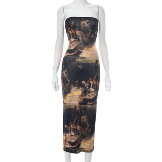 Print backless contrast tube midi dress