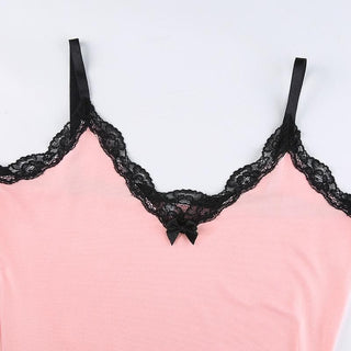 V neck slit lace hem bowknot cami mini dress