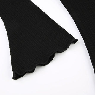 Long flared sleeve crewneck ribbed ruffle solid top