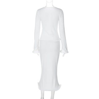 Long flared sleeve v neck button solid midi skirt set