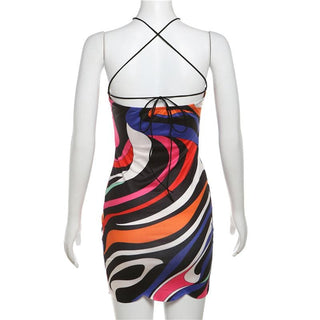 Cross back print backless self tie cami mini dress
