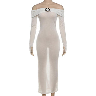 Off shoulder long sleeve metal applique midi dress
