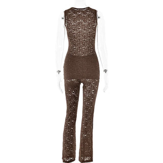 Crewneck lace sleeveless solid medium rise pant set