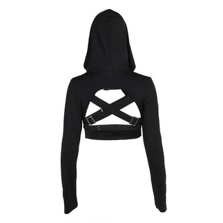 Hoodie long sleeve buckle cross back crop top