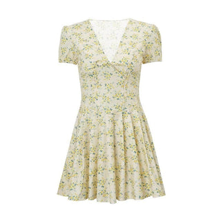 Short puff sleeve print pleated v neck mini dress