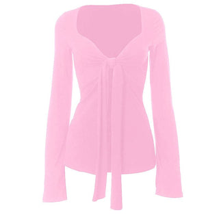 Long flared sleeve v neck ruched top