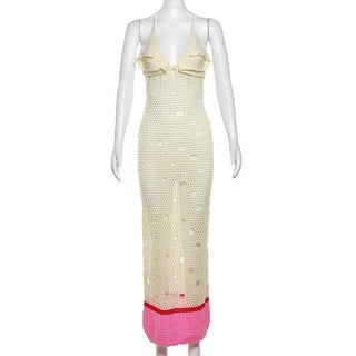 V neck knitted hollow out lace up cut out maxi dress-final-sale