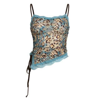 Lace leopard print irregular knotted cami top