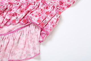 One shoulder knotted slit flower print ruffle maxi dress