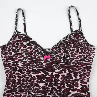 Leopard print mesh bowknot lace hem cami top