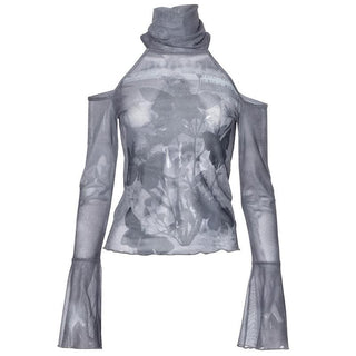 Long flared sleeve high neck sheer mesh print off shoulder top