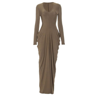 V neck long sleeve cowl neck solid maxi dress
