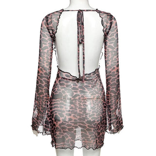 Sheer mesh leopard print contrast see through self tie backless mini dress