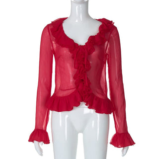 Long flared sleeve chiffon ruffle top