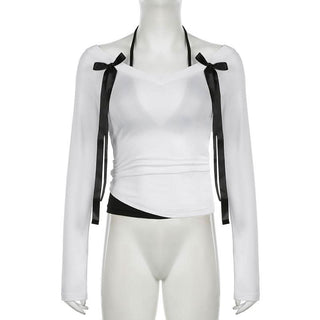 Halter v neck long sleeve bowknot top