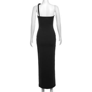 One shoulder flower applique maxi dress
